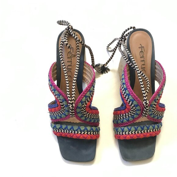 Anthropologie Ferracci Lace Up Kilim Sandals Womens 39 9 Pink Blue Block Heels - Picture 4 of 11